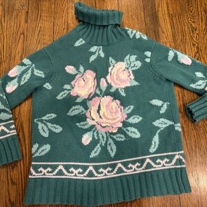 Tuckernuck Floral Cowl Neck Sweater - Teal and Pink